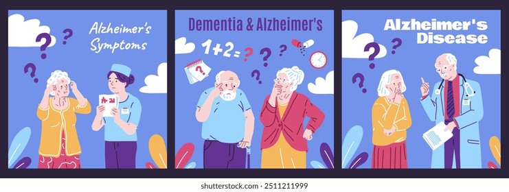 Set of three banners about Alzheimer's disease and dementia. Doctor prescribes treatment for an elderly woman. Medical worker checks the degree of illness. Memory loss problems. Vector illustration.