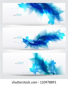 set of three banners, abstract floral blue elements with  blots