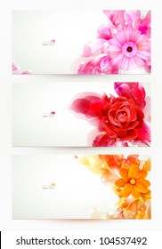 set of three banners, abstract headers with flowers and artistic  blots