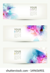 set of three banners, abstract headers with blue and pink blots 