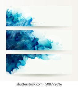 set of three banners, abstract headers with blue deliquescent blots