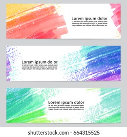 set of three banners, abstract headers with watercolor look colorful strokes, abstract background artistic collection