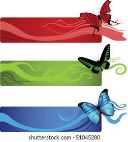 set of three banners with abstract lines and butterflies in a corner