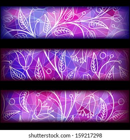 Set of three banners with abstract polygonal geometric background on dark.