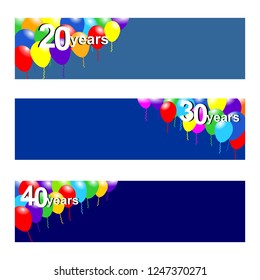 Set of three banners for anniversary with 20,30 and 40 years.  Vector graphic background with colorful balloons.
