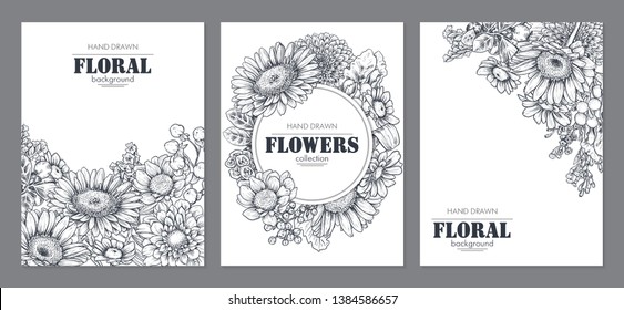 Set of three banners with beautiful flowers and plants in graphic style. Vector floral headers. Template for wedding invitation, greeting card.