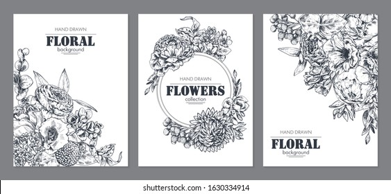 Set of three banners with beautiful hand drawn flowers and plants in graphic style. Vector floral headers. Template for wedding invitation, greeting card.