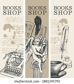 Set of three banners for books shop in retro style. Vector illustrations with hand-drawn typewriter, angel, book, cup and handwritten notes with spots. Suitable for flyer, label, bookmark, advertising