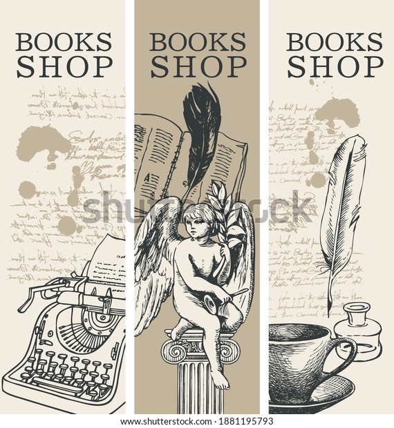Set of three banners for books shop in retro\
style. Vector illustrations with hand-drawn typewriter, angel,\
book, cup and handwritten notes with spots. Suitable for flyer,\
label, bookmark,\
advertising