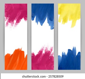 Set of three banners with bright watercolor stains. Vector illustration