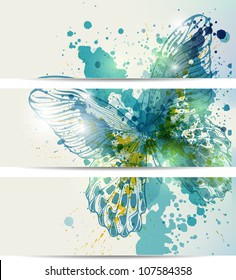 Set of three banners with butterflies and abstract blots