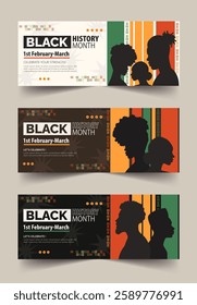 A set of three banners celebrating Black History Month, showcasing silhouettes and vibrant colors, perfect for various events.