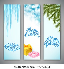 Set of three banners with christmas background and handdrawn lettering. Vector illustration
