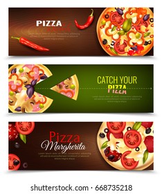Set of three banners with compositions of images with different types of pizza and editable text vector illustration