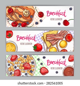 set with three banners of different types of breakfast. hand-drawn illustration