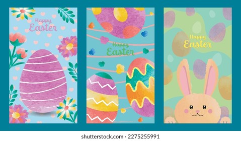 set of three banners for easter day with elements of watercolor drawing eggs, flowers and rabbit