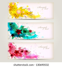 set of three banners, Flowers with colorful blots