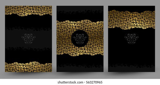set of three banners with gold texture decoration on the black background. 