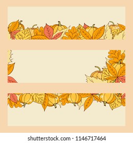 Set of three banners with hand drawn pumpkins and autumn leaves