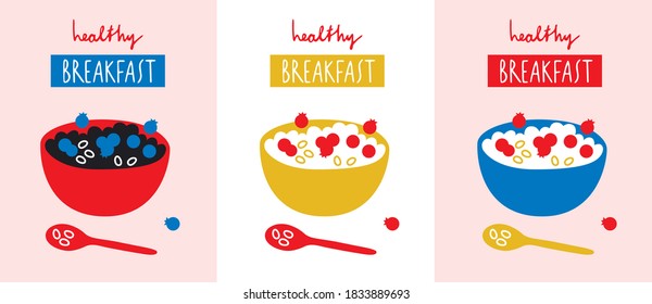 Set of three banners Healthy breakfast vector. Blueberry and muesli illustration. Flat trendy abstract style. Still life. Morning poster. Scandinavian design. All elements are isolated   