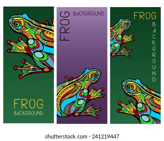 Set of three banners with magic colored frogs, drawn in Art Nouveau style, stained glass imitation. Collection of vertical art backgrounds for special design. Vector file is EPS8.