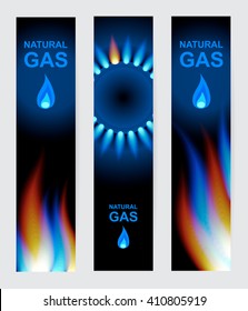 Set of three banners natural gas. Blue gas flame. 