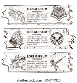Set of three banners on attributes of the American Indians. Design elements for the desktop and virtual games.