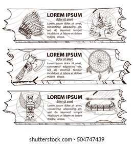 Set of three banners on attributes of the American Indians. Design elements for the desktop and virtual games.