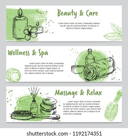 Set of three banners on spa related theme with hand drawn massage and body care products