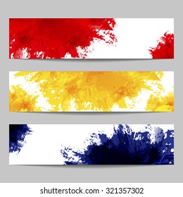 Set of three banners with paint splashes, brush strokes and blobs. Can be easily transformed or recolored into any color.Vector illustration