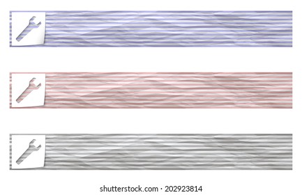 set of three banners with pattern crumpled paper and spanner