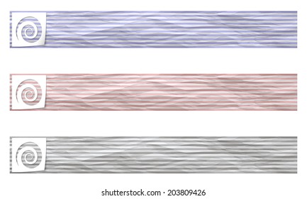 set of three banners with pattern crumpled paper and spiral