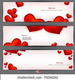 Set of three banners with red hearts. Valentine's Day. Vector background