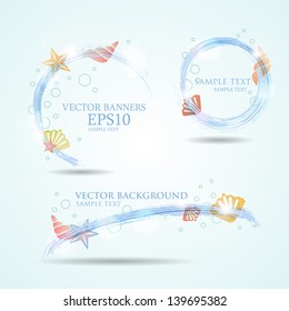 Set of three banners with seashells. Vector blue waves. Vector illustration of fresh