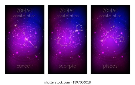 Set of three banners with Signs of the Zodiac, astrological constellations and abstract geometric symbol against the starry sky.