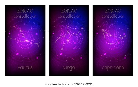 Set of three banners with Signs of the Zodiac, astrological constellations and abstract geometric symbol against the starry sky.