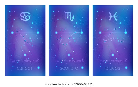 Set of three banners with Signs of the Zodiac, astrological constellations and geometric symbol against abstract background with stars. Collection of  Water elements: cancer, scorpio, pisces. Vector.