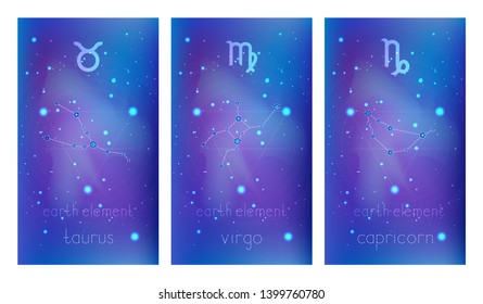 Set of three banners with Signs of the Zodiac, astrological constellations and geometric symbol against abstract background with stars. Collection of Earth elements: taurus, virgo, capricorn. Vector.