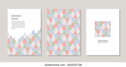 Set of three banners with stylized trees in calm colors on a white background + simless texture. Forests and parks, green spaces. Flat vector illustration.