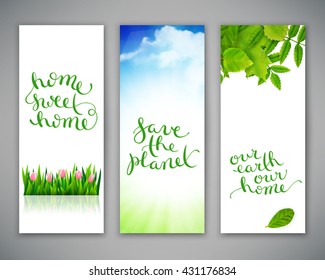 Conjunto de tres banderas con paisaje de verano. Ilustración del vector