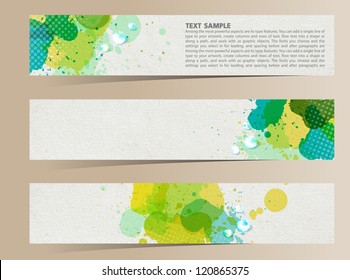 Set Of Three Banners, Watercolor Abstract Headers With Green Blots