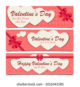 Set of three banners with white hearts for valentines day.