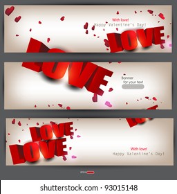 Set of three banners with words "LOVE" and hearts. Valentine's Day. Vector illustration