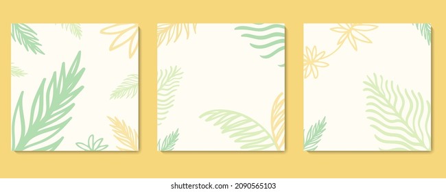 Set of three banners with yellow and green tropical leaves and flowers. Templates and frames for design, layouts, banners, wallpaper, background, packaging, patterns, textiles, fabrics, lettering