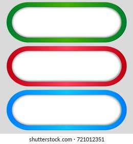 A set of three banners.Three color banners - green, red, blue in the form of a rectangular frame with rounded corners.Three creative banners for  design and advertising.Vector label ribbons tag