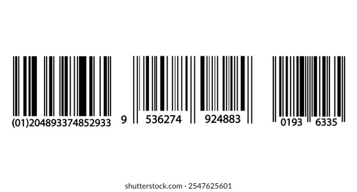 Conjunto de três códigos de barras com sequências numéricas. Conceito de gerenciamento de varejo e estoque