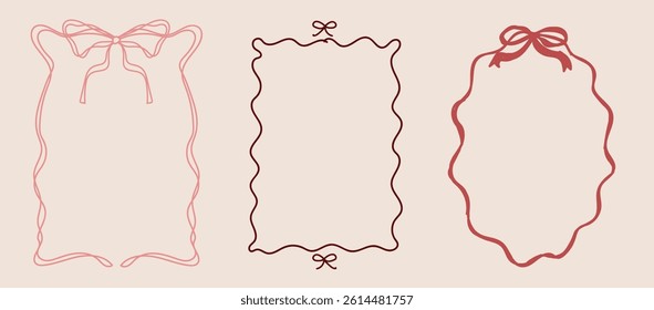Set Of Three Baroque Vintage Frames And Bows Elegant Outlined Hand Drawn Doodle Whimsical Outlined Vector Design
