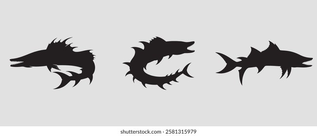 Set of three barracuda silhouettes featuring sharp fins, pointed snouts, and menacing teeth, symbolizing speed and danger in the underwater world