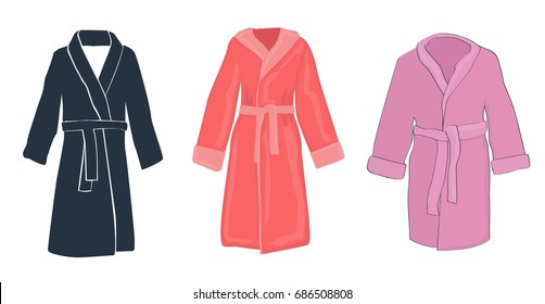 Set of three bathrobes in black, orange and pink.