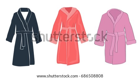 Set of three bathrobes in black, orange and pink.